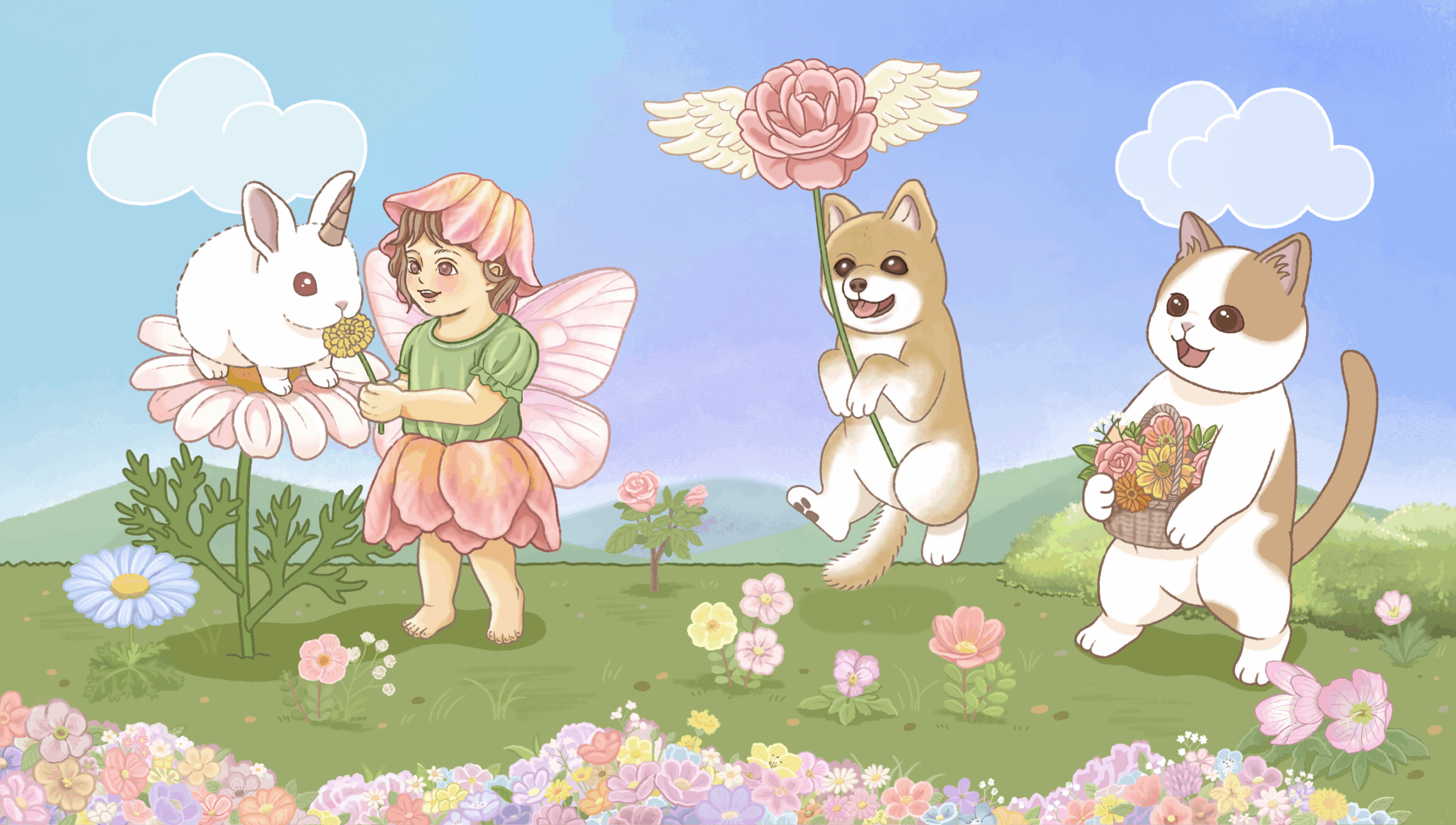 花畑で空飛ぶ花につかまった柴犬や、アルミラージにタンポポをあげる妖精、たくさんの花が入った籠を持った猫たちが楽しく過ごしているイラスト
